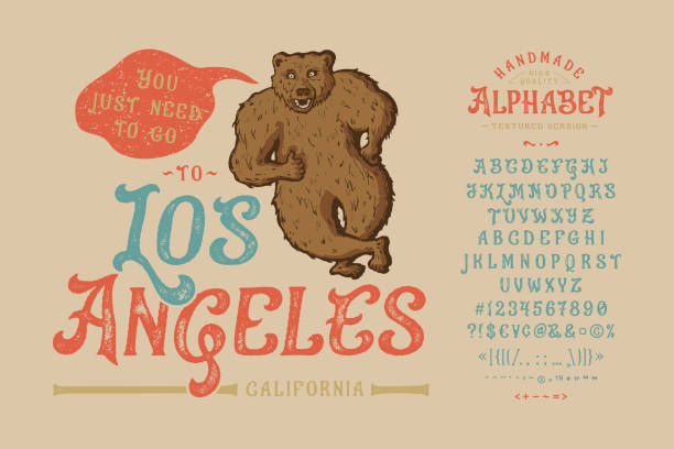 Font Los Angeles. Craft retro vintage typeface design. Graphic display alphabet. Uppercase and lowercase letters. Latin characters and numbers. Vector illustration. Old badge, label, logo template.