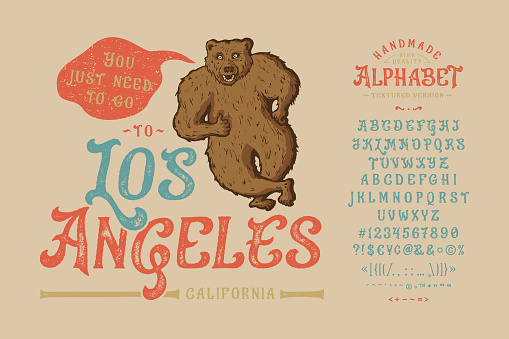 Font Los Angeles. Craft retro vintage typeface design. Graphic display alphabet. Uppercase and lowercase letters. Latin characters and numbers. Vector illustration. Old badge, label, logo template.