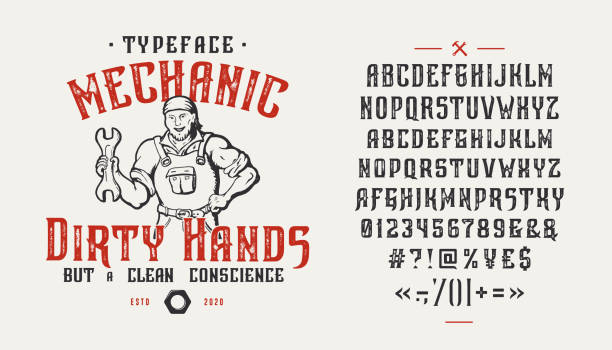 Font Mechanic Dirty Hands. Vintage design. Font Mechanic Dirty Hands. Craft retro vintage typeface design. Graphic display alphabet. Fantasy type letters. Latin characters and numbers. Vector illustration. Old badge, label, logo template. writing tools stock illustrations