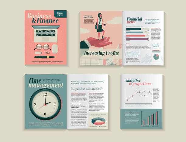 Business and Finance Magazine or flyer design template layouts Vector illustration of Business and Finance illustrations within a magazine publication design template layout. Includes cover design with placement copy, inside pages with graphics and sample text, including pie charts and line graphs. And sample back page. Includes high resolution jpg and editable Illustrator eps 10. newsletter template stock illustrations