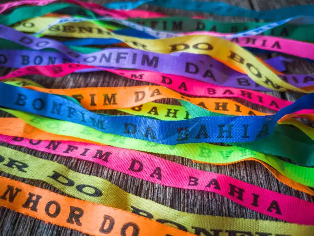 Photo of Colorful ribbons of Senhor do Bonfim. Symbol of faith of the Senhor do Bonfim church.