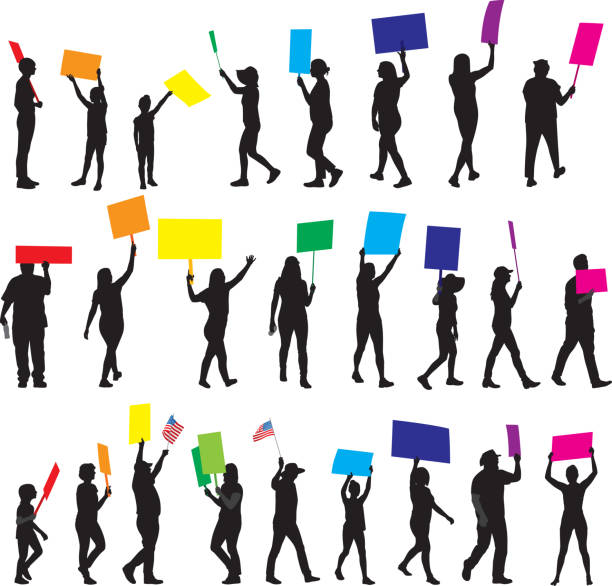 ilustraciones, imágenes clip art, dibujos animados e iconos de stock de personas que sostienen la protesta firma siluetas 1 - light waving rainbow vector