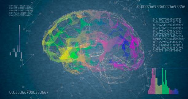 istock Rotating 360 low polygonal brain 3D model on blue background with animated numbers and diagrams. 4k animation 1220860533
