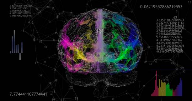 istock Rotating 360 low polygonal brain 3D model on black background with animated numbers and diagrams. 4k animation 1220860534