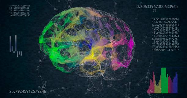 istock Rotating 360 low polygonal brain 3D model on black background with animated numbers and diagrams. 4k animation 1220860536