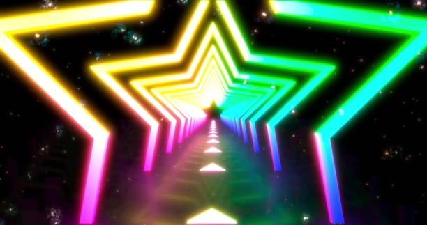 istock Neon geometric background with LED star Fluorescent tunnel. Ultraviolet abstract blue, purple color. animation . 3D rendering 3D illustration 1220862432