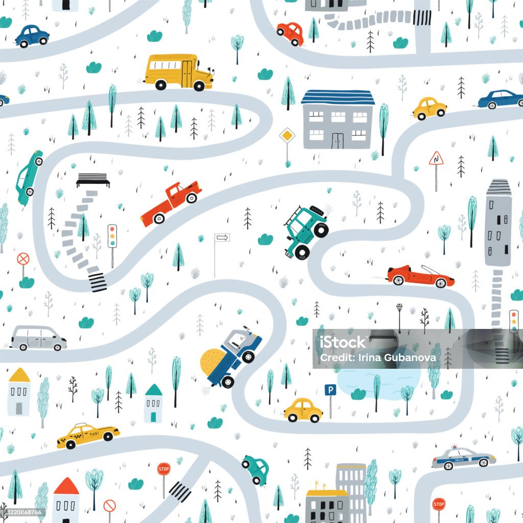 Cute children's seamless pattern with cars, road, Park, houses on a white background. Illustration of a town in a cartoon style for Wallpaper, fabric, and textile design. Vector Child stock vector