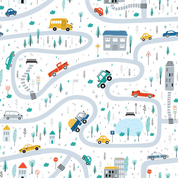 Cute children's seamless pattern with cars, road, Park, houses on a white background. Illustration of a town in a cartoon style for Wallpaper, fabric, and textile design. Vector Cute children's seamless pattern with cars, road, Park, houses on a white background. Illustration of a town in a cartoon style for Wallpaper, fabric, and textile design. Vector road patterns stock illustrations