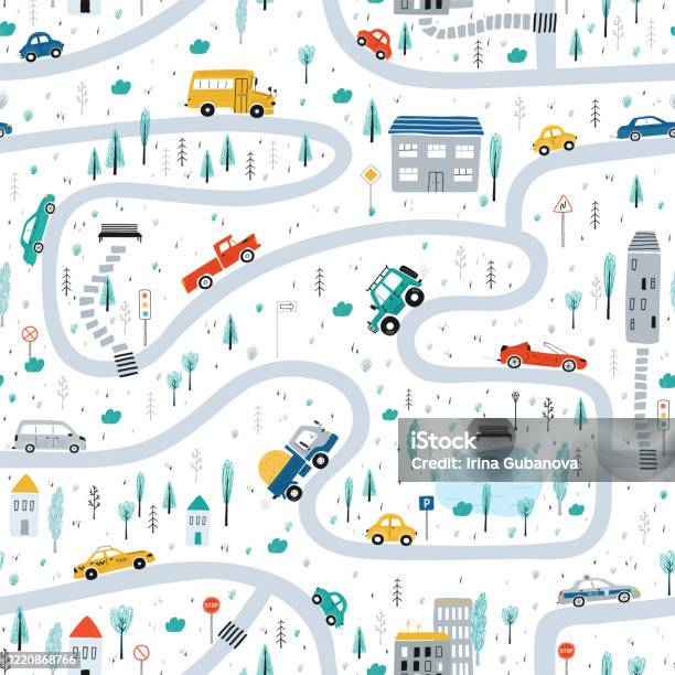 Cute Childrens Seamless Pattern With Cars Road Park Houses On A White Background Illustration Of A Town In A Cartoon Style For Wallpaper Fabric And Textile Design Vector Stock Illustration - Download Image Now