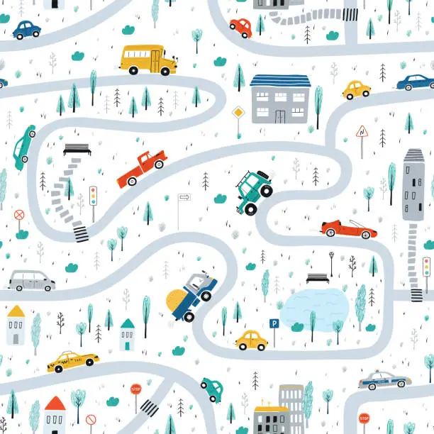 Vector illustration of Cute children's seamless pattern with cars, road, Park, houses on a white background. Illustration of a town in a cartoon style for Wallpaper, fabric, and textile design. Vector