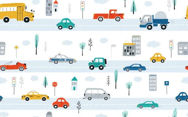 Vector illustration of Cute children's seamless pattern with cars, traffic lights and road signs on a white background. Illustration of highway in a cartoon style for Wallpaper, fabric, and textile design. Vector