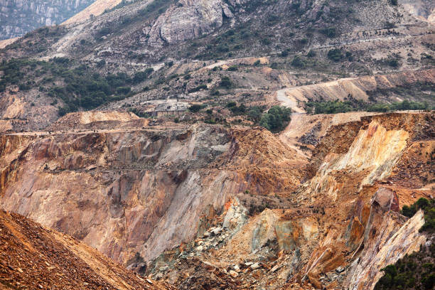 istock Aerial view of sections of open cut mining pit 1220870135