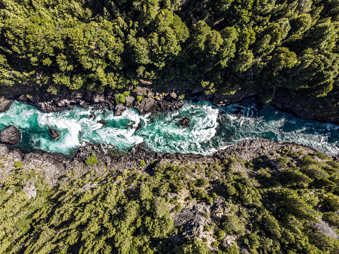 Aerial view of Futaleufu river in the chilean Patagonia, southern Chile