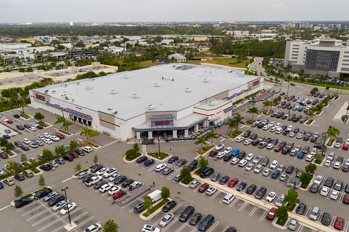 Miami, FL, USA - April 21, 2020: Aerial photo busy day at Miami Costco wholesale warehouse club