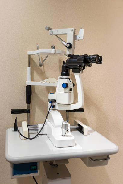 An ophthalmologic slit lamp used by ophthalmologist.