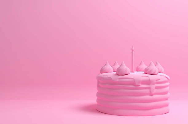 istock Monochrome pink image with a birthday cake on a solid background. 3D illustration 1220884103