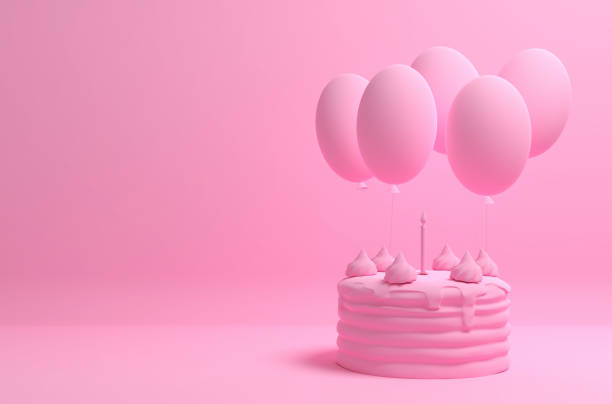 istock Monochrome pink image with a birthday cake and balloons on a solid background. 3D illustration 1220884186