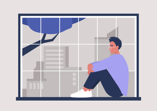 ilustrações de stock, clip art, desenhos animados e ícones de young male character sitting at the window,  big city panorama, millennial lifestyle - contemplation silhouette tree men