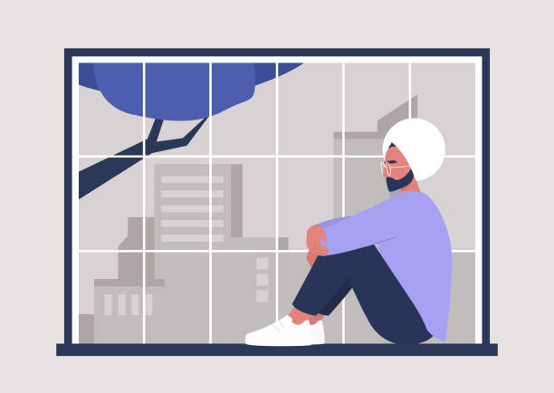 ilustrações de stock, clip art, desenhos animados e ícones de young indian male character sitting at the window,  big city panorama, millennial lifestyle - contemplation silhouette tree men