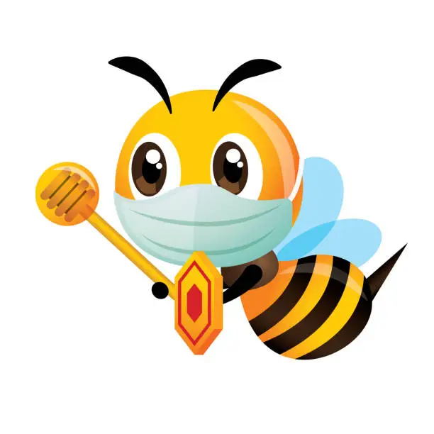 Vector illustration of Cartoon cute bee wearing surgical protective mask holding shield and honey dipper to protect against virus and bacteria - vector character