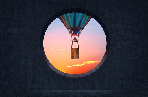 Round concrete window with view of a hot air balloon flying . This is a 3d render illustration .