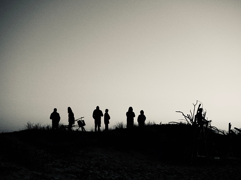 A group of unidentifiable people, in silhouette against a pale grey early morning sky, gather on the rock sea wall to watch the sun rise over the Pacific Ocean during the social distancing time of the corona virus pandemic. Silvertone filter applied to original photo