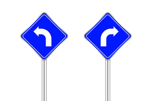 Vector illustration of road sign of arrow pointing bend to left and right, traffic road sign blue color isolated on white, traffic sign turn left and right, warning caution sign and steel pole for direction signpost the way