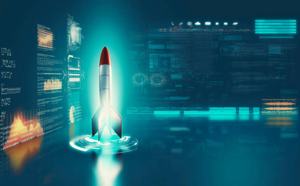 Rocket missle inside a futuristic cylinder with data and information on screens . Start up launch concept . This is a 3d render illustration