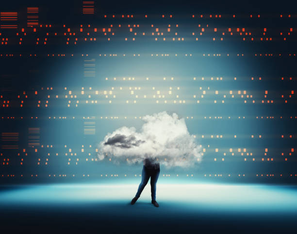 istock Business woman with cloud inside a cloud on blue futuristic background . Big data transfer and artificial intelligence storage 1220890059