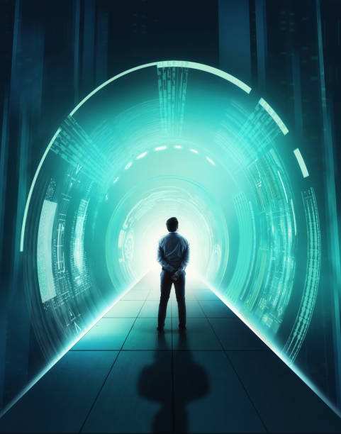 istock Businessman on cyber tunnel server . Futuristic data information . 1220890107