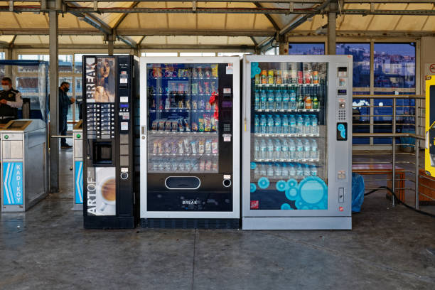 Eminonu, Istanbul / Turkey - April 13 2020: Vending machines for coffee, snacks and water in front of the entrance of public transportation service in Istanbul Turkey.