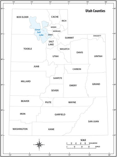 ilustrações de stock, clip art, desenhos animados e ícones de utah state outline administrative and political vector map in black and white - utah map state usa