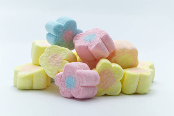 istock Pastel sweet flowers shape of marshmallows on white background. 1220904288