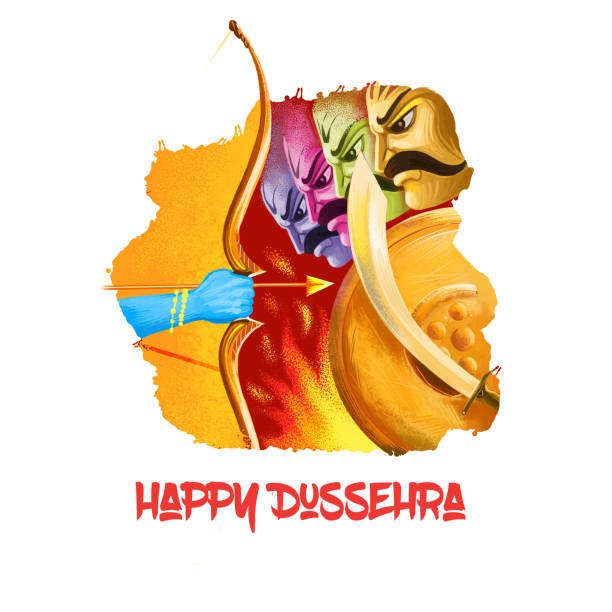 ilustrações, clipart, desenhos animados e ícones de dussehra dashain grande festival hindu celebrado no final de navratri. maha durga, chandika aparajita ilustração de arte digital, estampa de camiseta, homem com flecha. vijayadashami dasahara - devi