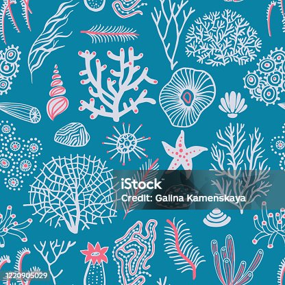 istock Sea seamless pattern with seashells, corals, alga and starfishes. Marine background. 1220905029