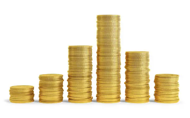 Photo of Stack of golden coins on white background. Clipping path included.