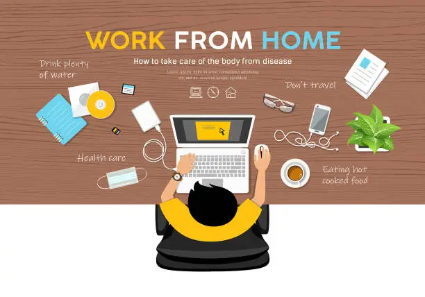 Vector illustration of Man Work from home, desk top view design on wood tabel background