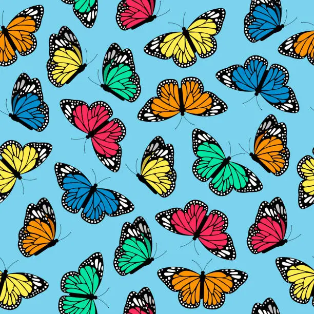 Vector illustration of Seamless pattern with flying multicolored butterflies on a blue background. Vector illustration.