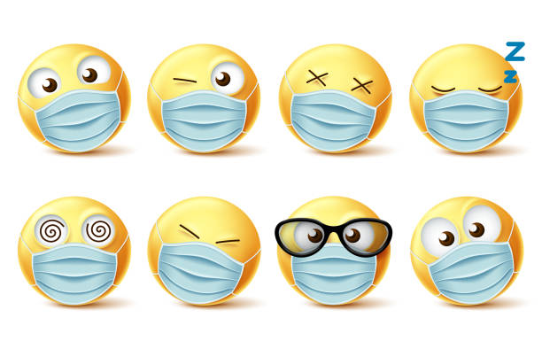 istock Emojis face mask vector emoticon set. Emoji faces with covid-19 face mask 1220911104