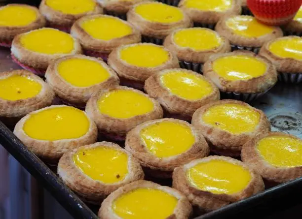 A plate of Hong Kong style egg tarts