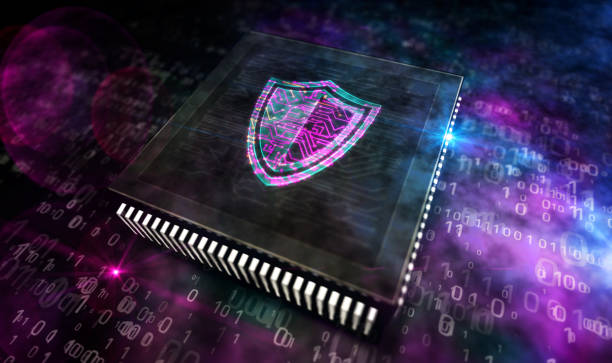 istock Processor factory with laser burning of cyber shield symbols illustration 1220913445