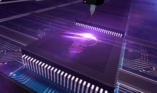 istock Processor factory with laser burning of innovation bulb symbols illustration 1220913472