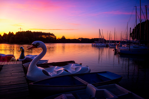 Holidays in Poland - Sunset in marina by the Wdzydze lake, Kaszuby land, Pomorskie province