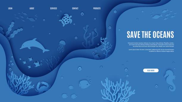 illustrations, cliparts, dessins animés et icônes de modèle de conception de page web dans le modèle sous-marin de modèle de coupe de papier d’océan par le hublot de caverne. poissons de fond marin de récif corallien dans les vagues d’algues. concept de site web de la journée mondiale de l’eau de - jellyfish sea green underwater