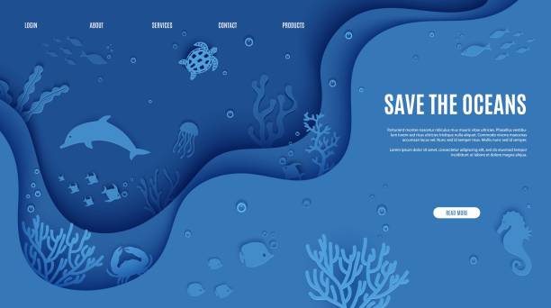 ilustrações de stock, clip art, desenhos animados e ícones de web page design template in paper cut style underwater ocean underwater view through cave porthole. coral reef seabed fish in algae waves. vector paper craft diving world water day website concept. - save oceans