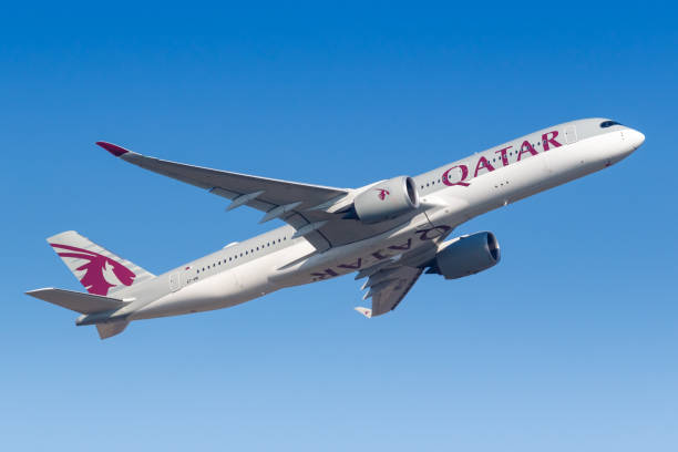 Qatar Airways Airbus A350-900 airplane Frankfurt airport Frankfurt, Germany – April 7, 2020: Qatar Airways Airbus A350-900 airplane at Frankfurt airport (FRA) in Germany. Airbus is a European aircraft manufacturer based in Toulouse, France. photography hessen germany central europe stock pictures, royalty-free photos & images