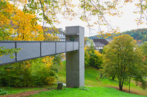 Schaffhausen, Switzerland - October 2019: The bridge connecting Neuhausen Rheinfall station to an outdoor elevator at the Rhine Falls, famous and biggest waterfall in Europe on the Rhine River in Switzerland