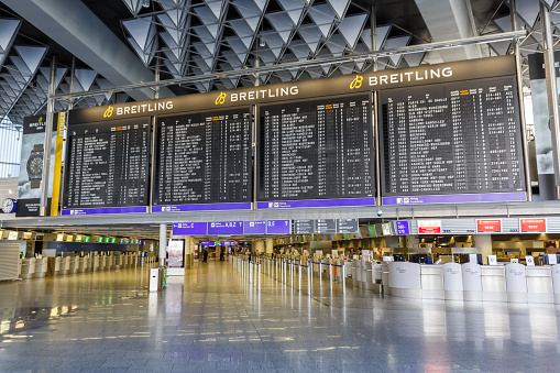 Frankfurt, Germany – April 7, 2020: Empty Terminal 1 during the Coronavirus Corona Virus COVID-19 at Frankfurt airport (FRA) in Germany.
