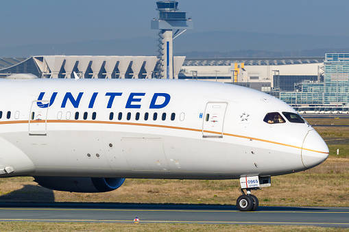 Frankfurt, Germany – April 7, 2020: United Airlines Boeing 787-9 Dreamliner airplane at Frankfurt airport (FRA) in Germany. Boeing is an American aircraft manufacturer headquartered in Chicago.
