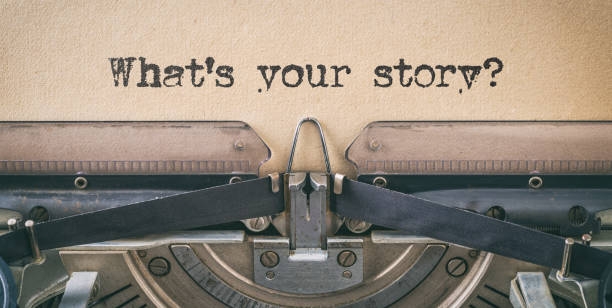 text written with a vintage typewriter -  what's your story - storytelling imagens e fotografias de stock